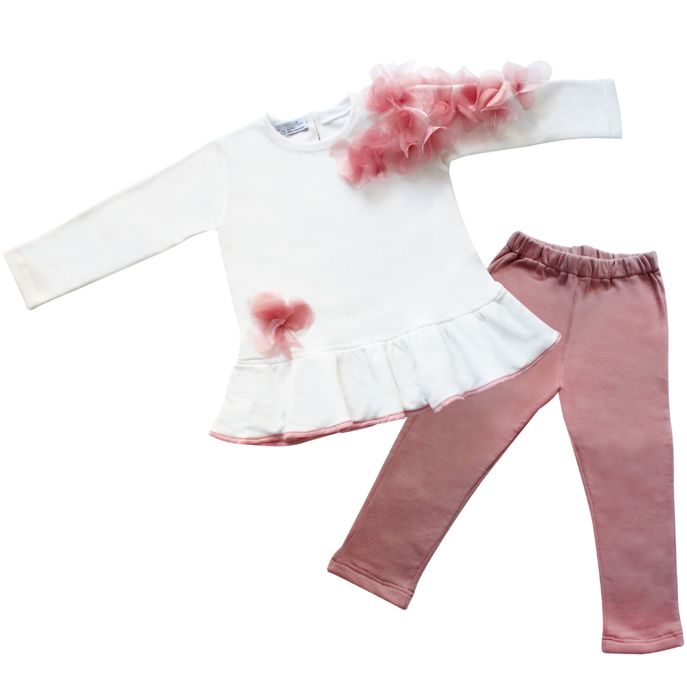 Completo maglia bianca con fiori rosa e pantaloni rosa per bimbe Giulia Mantelline