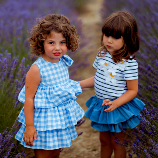 vestito da bambina per cerimonia in cotone bianco e azzurro