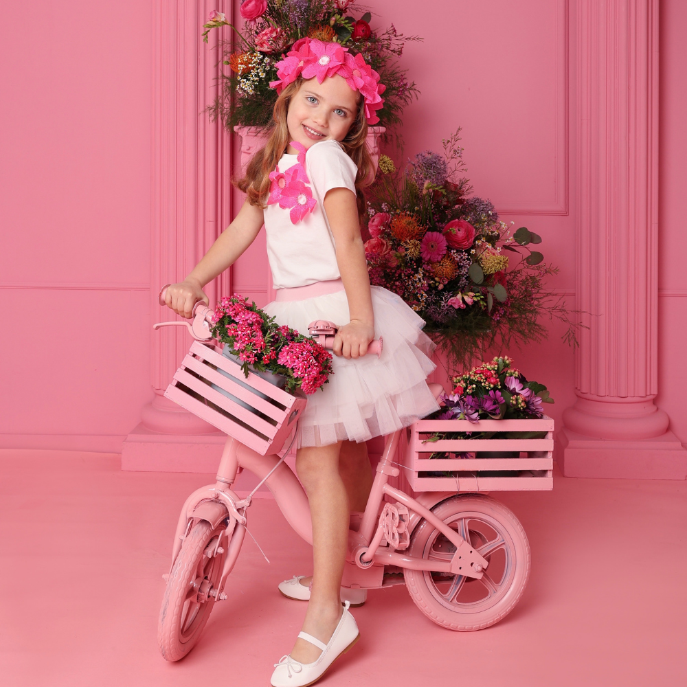 maglia Alice con fiori n organza e gonna sofi in tulle seta da bambina fino a 5 anni