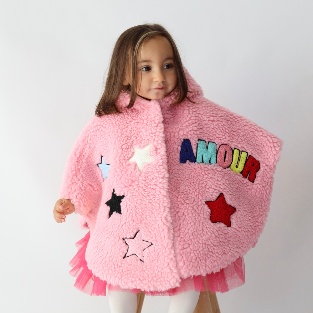 mantellina cappotto in teddy rosa calda e morbida da bambina