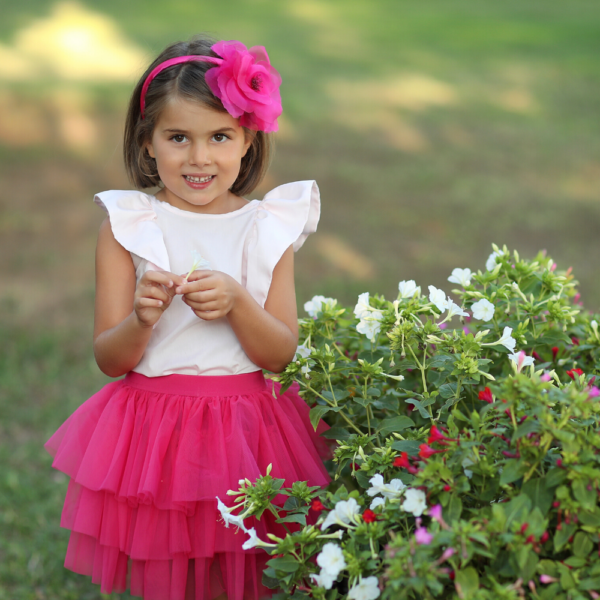 CERCHIETO DA BAMBINA IN RASO E ORGANZA COLOR FUXIA CON FIORE