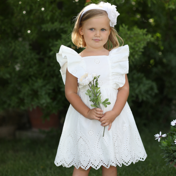 Abito bianco da bambina in pizzo San Gallo fino a 5 anni