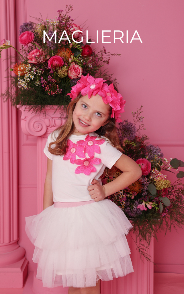 maglia alice manica corta in cotone con fiori in organza fuxia